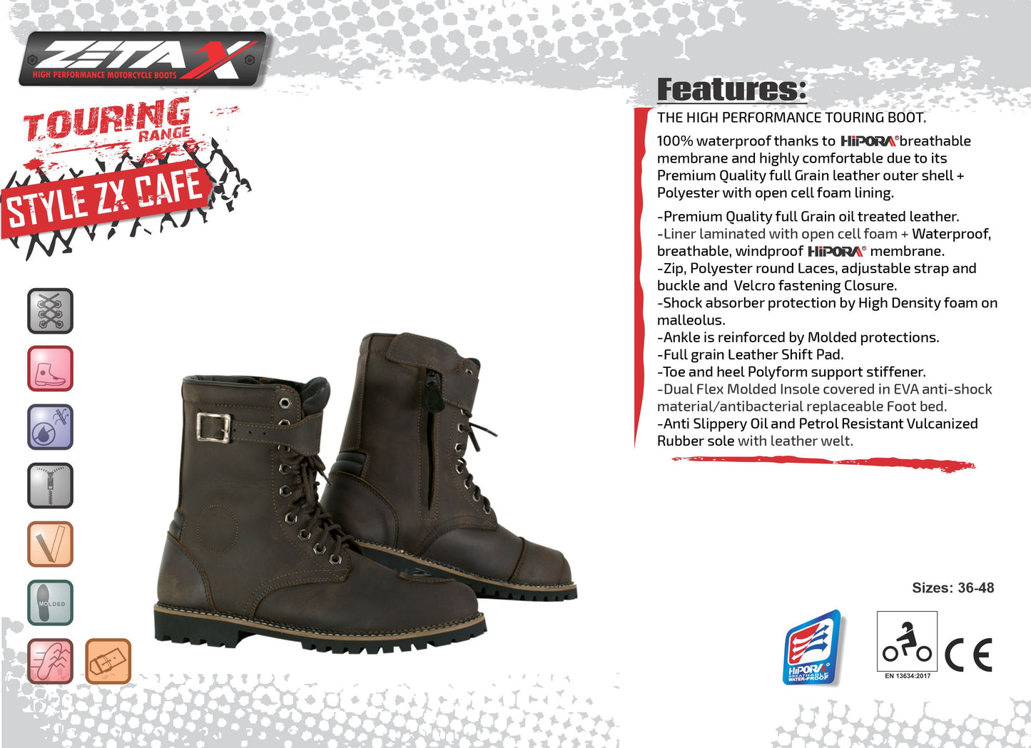 High Performance CE Certified Cafe Racer Style Boot Waterproof with Zip and Laces
